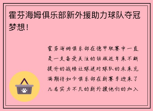 霍芬海姆俱乐部新外援助力球队夺冠梦想！