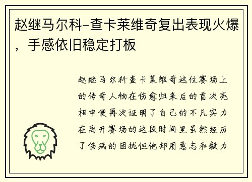 赵继马尔科-查卡莱维奇复出表现火爆，手感依旧稳定打板