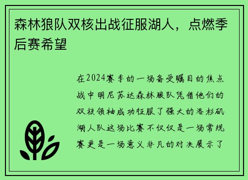 森林狼队双核出战征服湖人，点燃季后赛希望