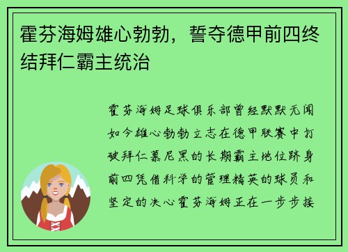 霍芬海姆雄心勃勃，誓夺德甲前四终结拜仁霸主统治